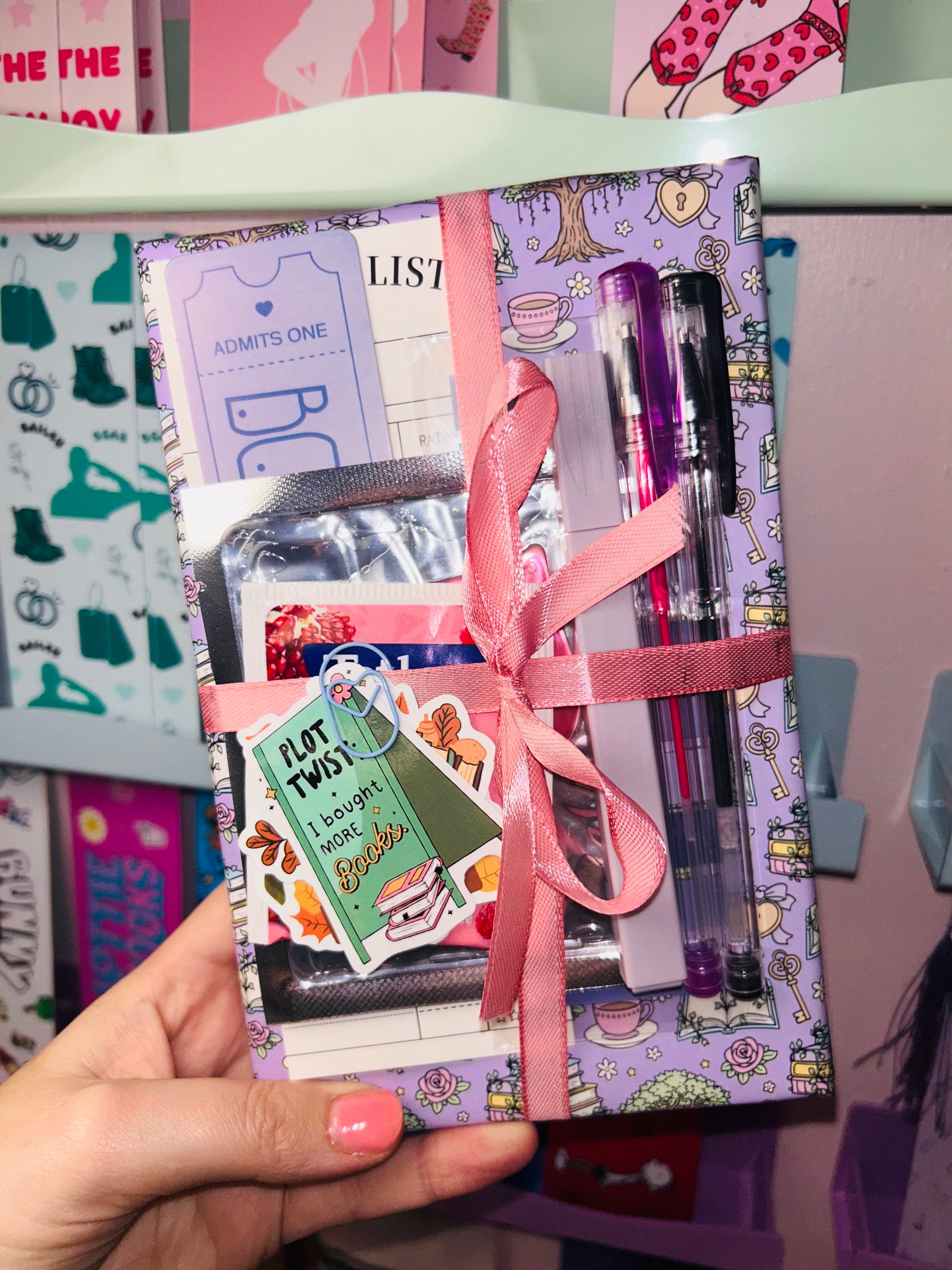 Lavender and pink fantasy mystery book bundle with ribbon and packaged pens