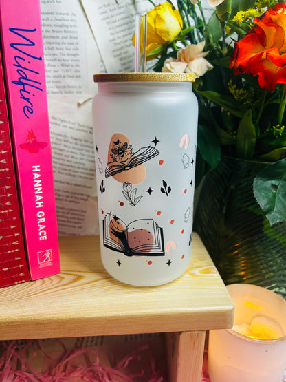 Frosted Glass celestial Bookish Cup with Glass Straw