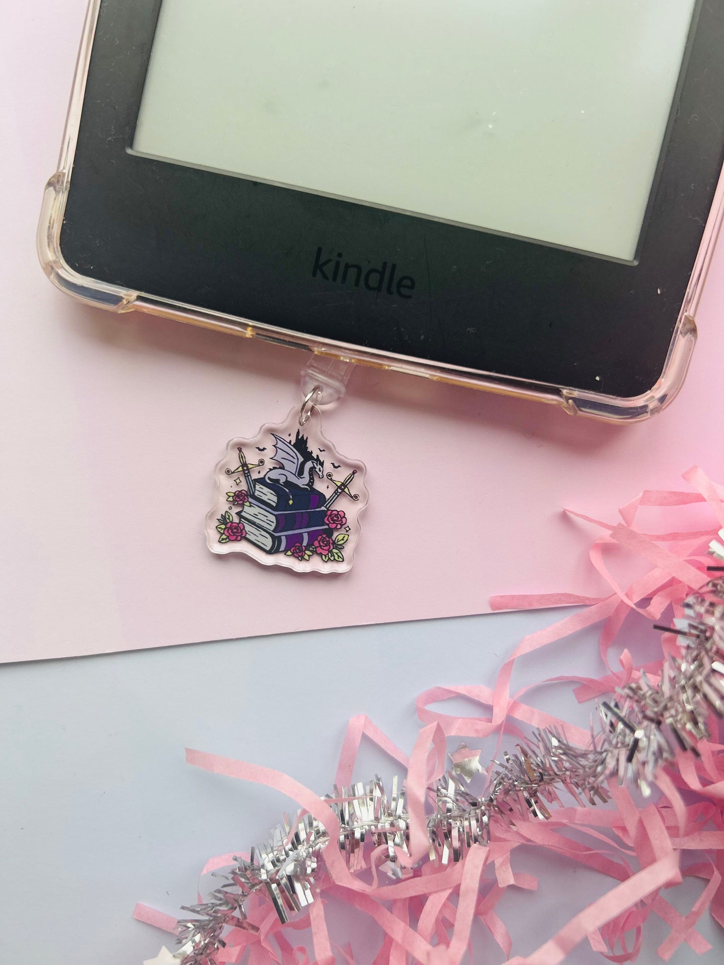 Dragon Book Stack Kindle Charm – USB-C Fantasy Reader Dust Plug Accessory