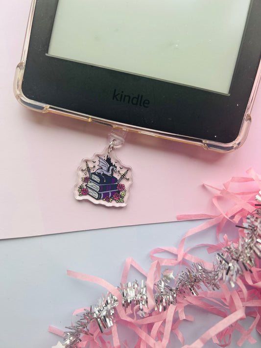 Dragon Book Stack Kindle Charm – USB-C Fantasy Reader Dust Plug Accessory