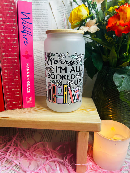 Frosted booked up Glass Cup with Glass Straw