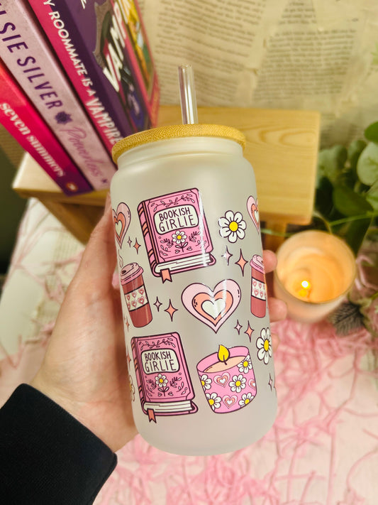 Frosted Glass Bookish pink Cup with Glass Straw
