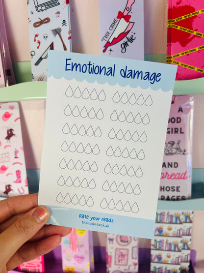 Handheld sticker sheet titled “Emotional damage” with rows of tear-drop rating icons