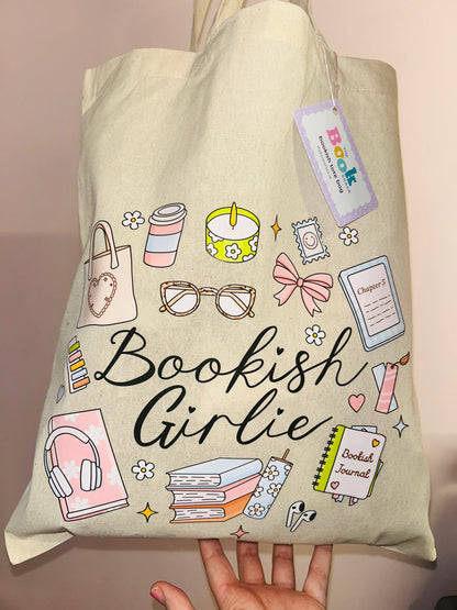 Cotton tote bag front view with 'Bookish Girlie' text, books and butterfly icons