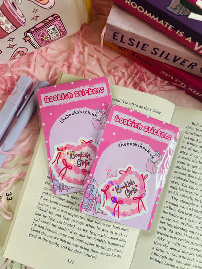 Holographic "Bookish Girlie" Vinyl Sticker – Pink Bow Design