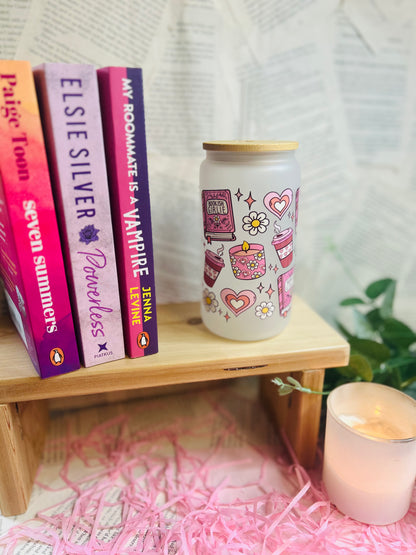 Frosted Glass Bookish pink Cup with Glass Straw