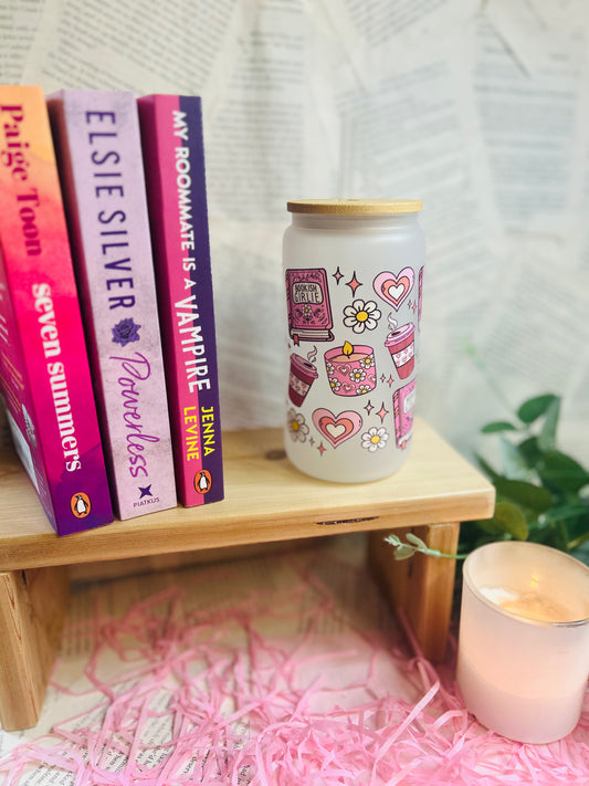 Frosted Glass Bookish pink Cup with Glass Straw