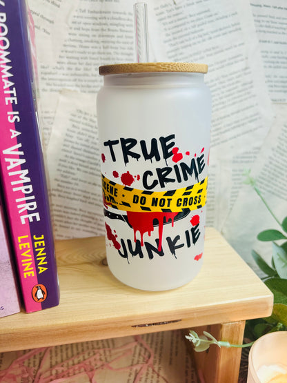 Frosted glass true crime bookish cup with straw