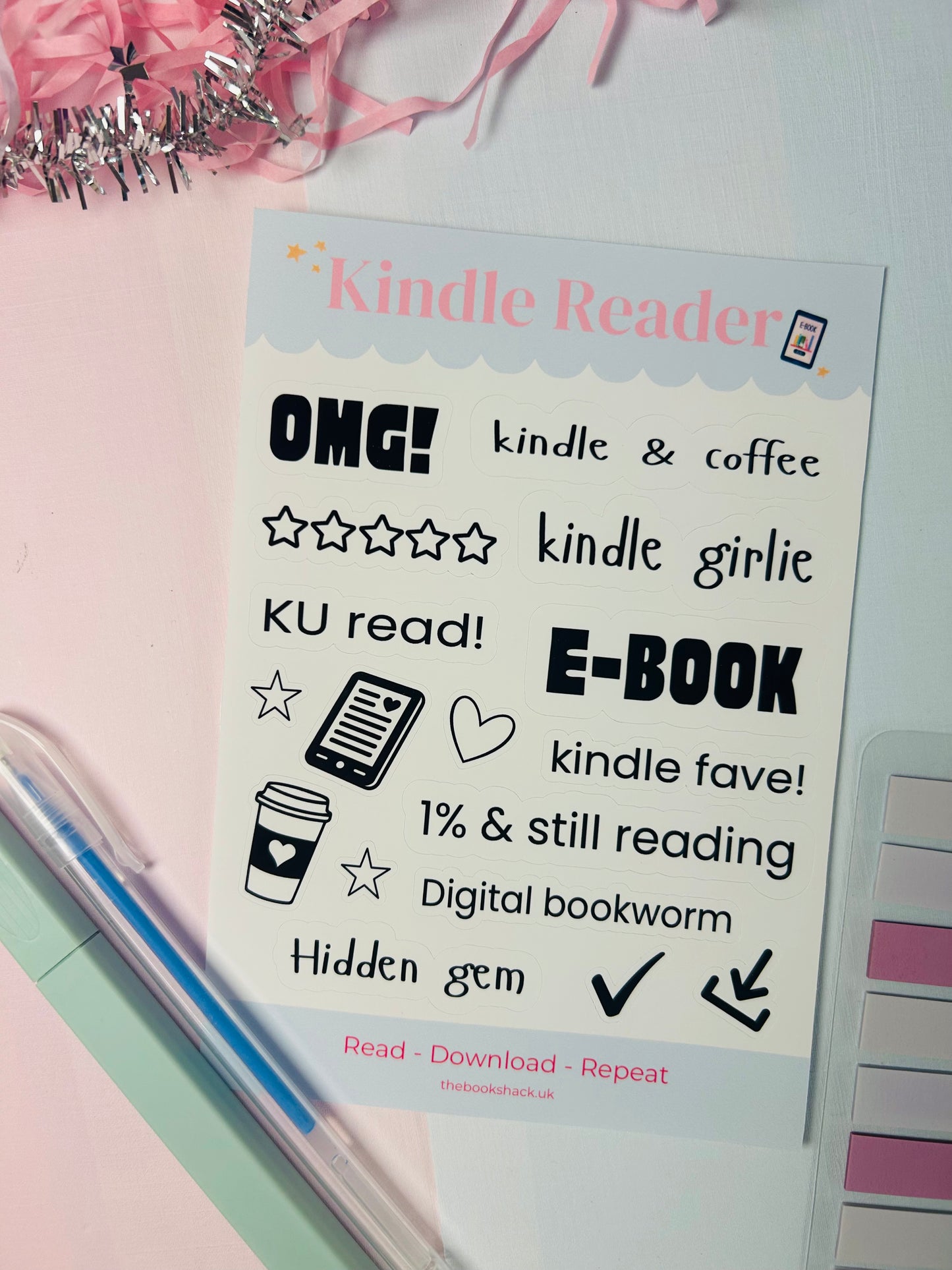 Bookish e-reader sticker sheet with 'OMG', 'E-BOOK', coffee, stars and check icons