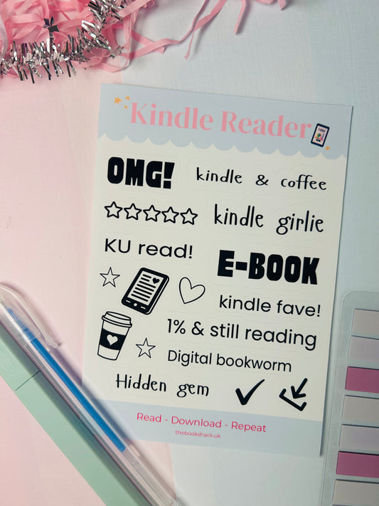 Bookish e-reader sticker sheet with 'OMG', 'E-BOOK', coffee, stars and check icons
