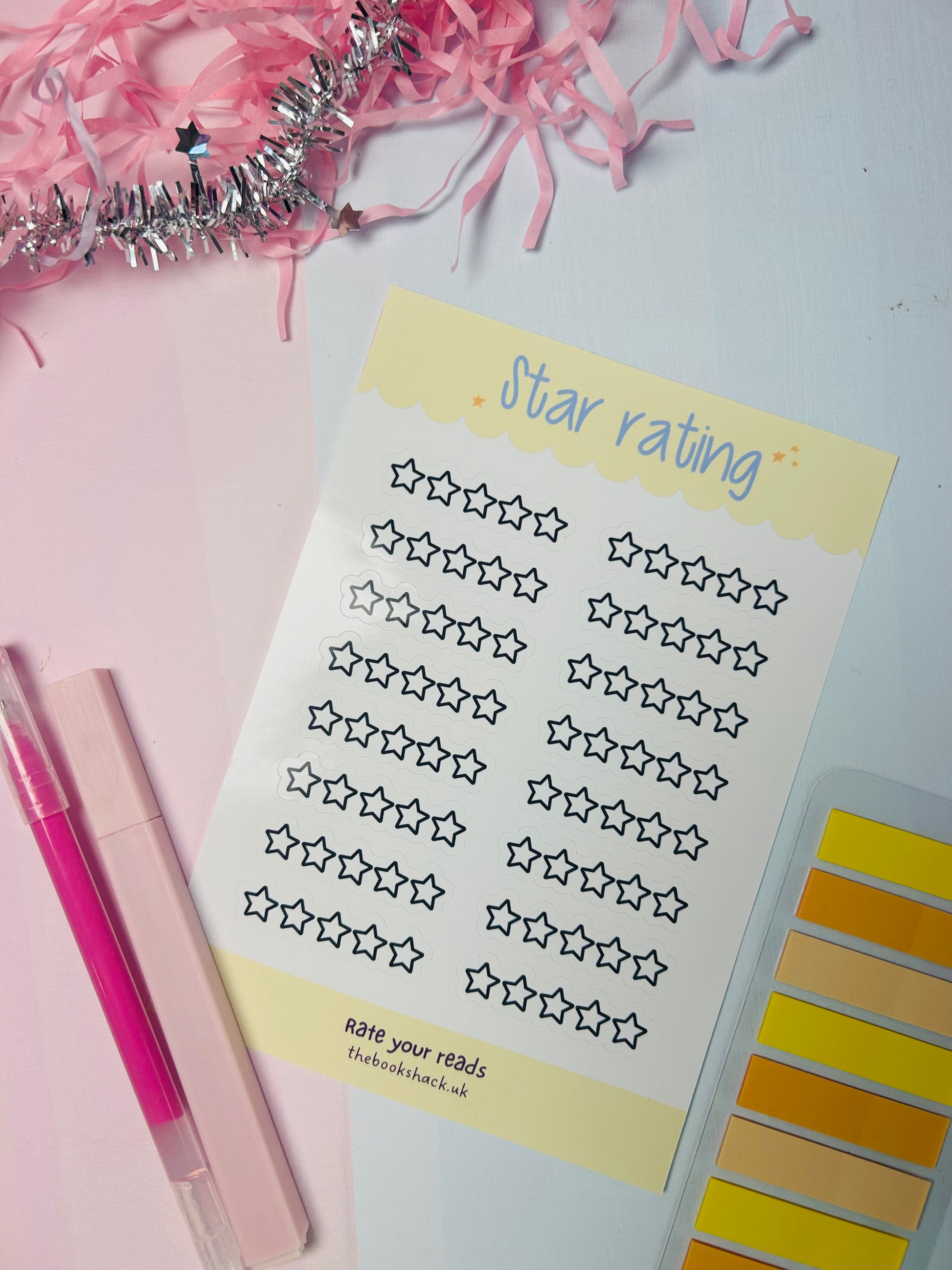 Star rating sticker sheet with outlined star rating icons in dark navy on light paper