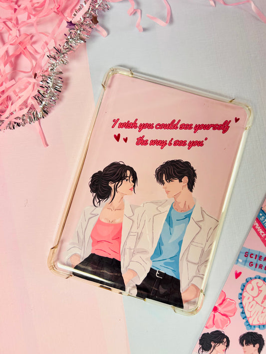 Romantic quote kindle insert with couple illustration, pink and blue outfits
