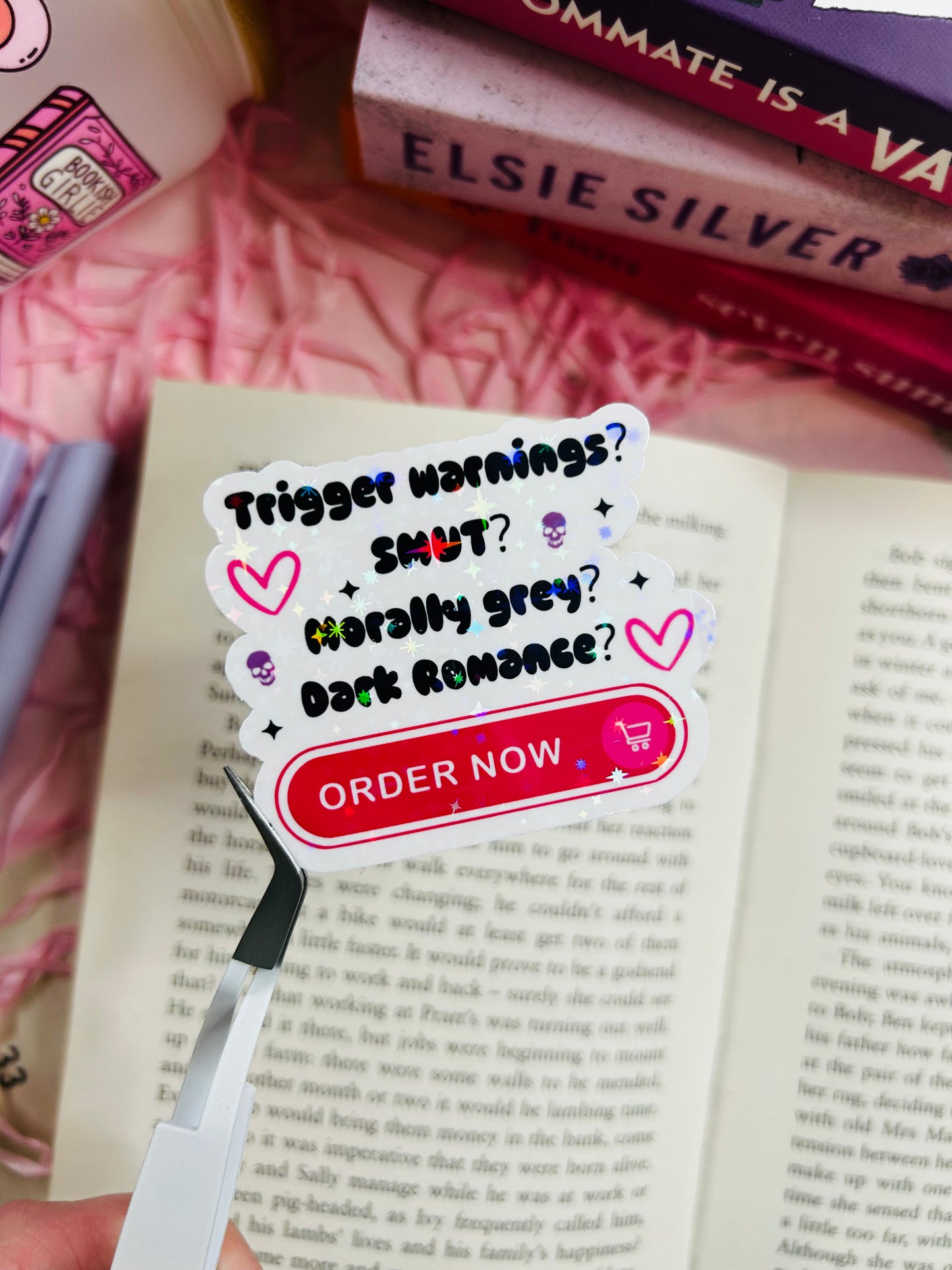 Trigger Warnings? SMUT? Morally Grey? Dark Romance?" Holographic Sticker – Perfect for Dark Romance Lovers