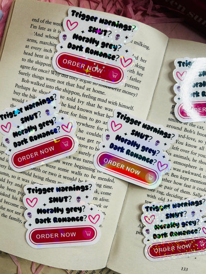 Trigger Warnings? SMUT? Morally Grey? Dark Romance?" Holographic Sticker – Perfect for Dark Romance Lovers