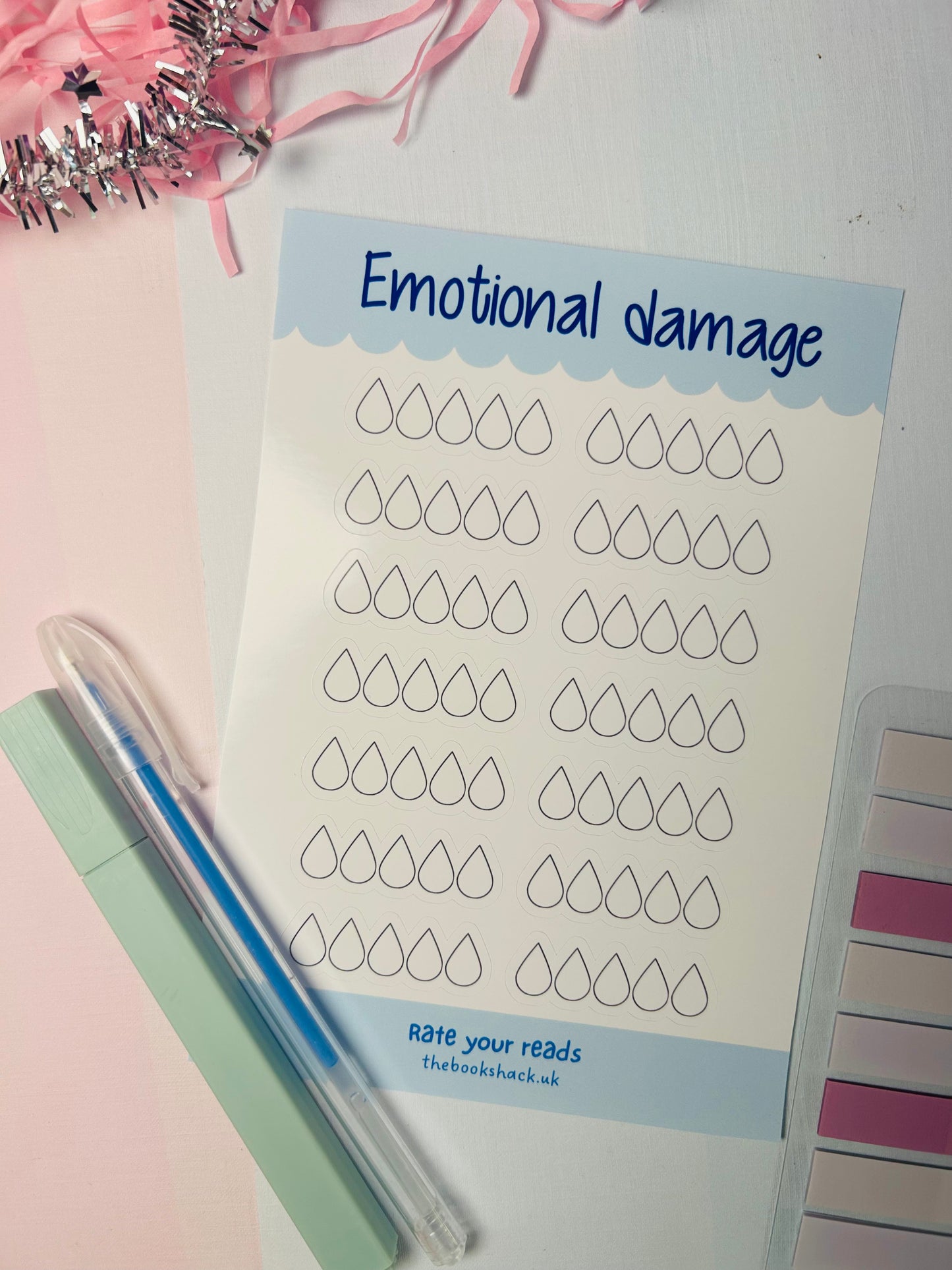 Sticker sheet with blue “Emotional damage” header and tear-drop book rating icons