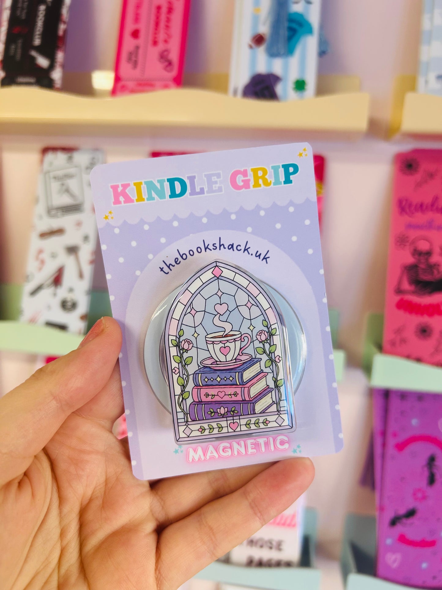 Bookish Stained Glass Book Stack Magnetic Kindle Grip – Reading Accessory