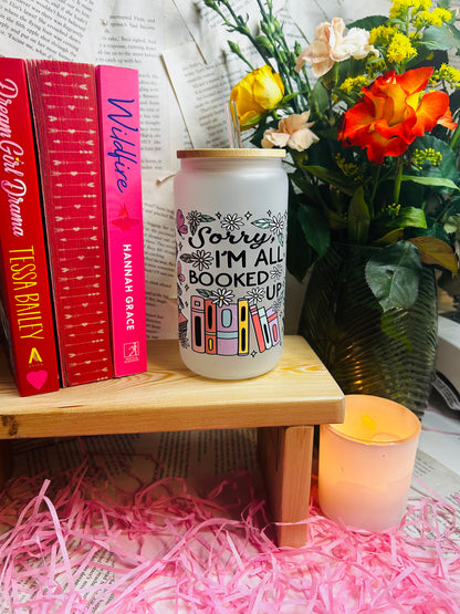 Frosted booked up Glass Cup with Glass Straw