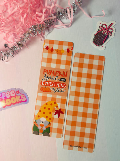 Orange plaid gnome bookmark with tassel; reads 'Pumpkin spice and everything nice'