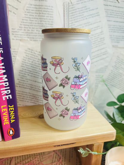 Frosted Glass romance Bookish Cup with Glass Straw