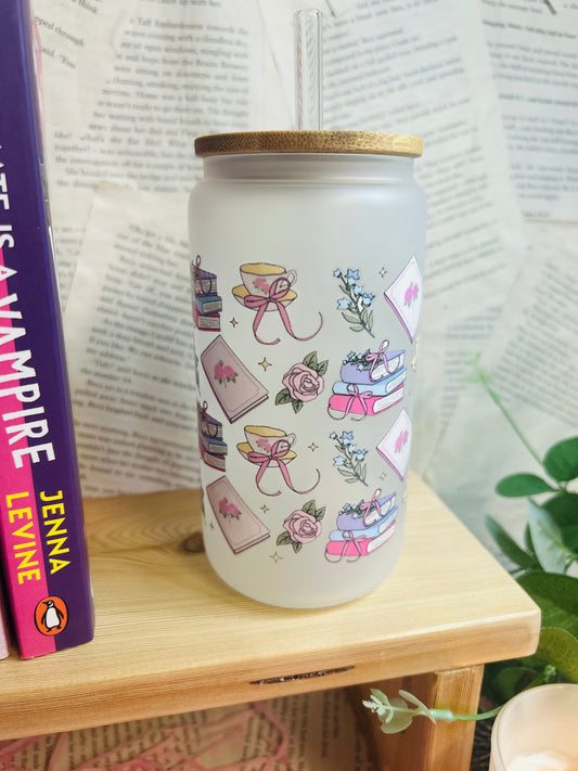 Frosted Glass romance Bookish Cup with Glass Straw