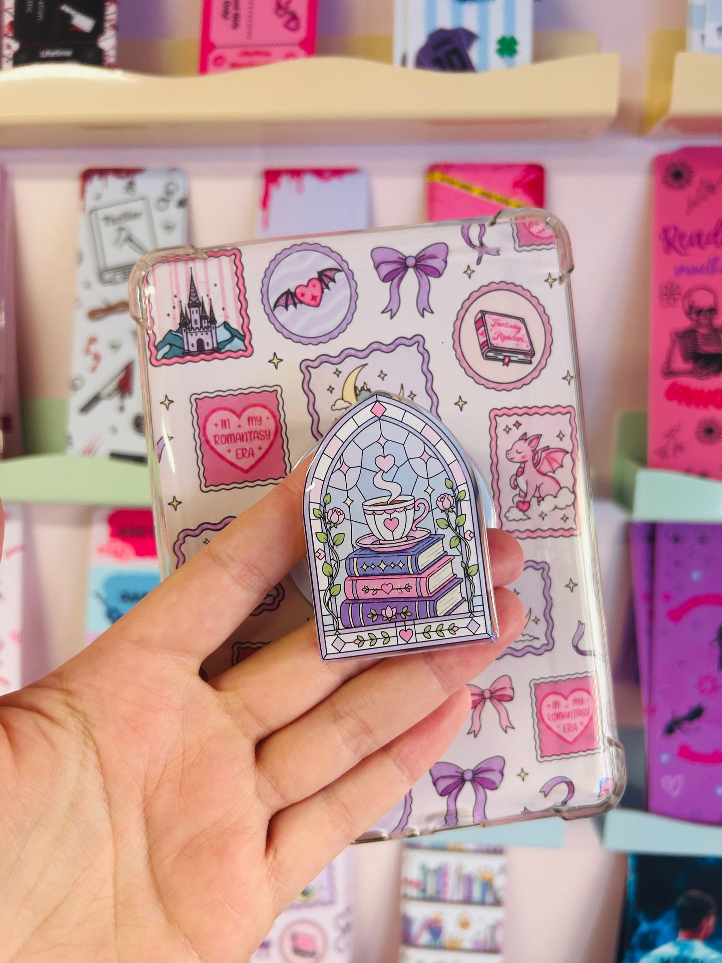 Bookish Stained Glass Book Stack Magnetic Kindle Grip – Reading Accessory