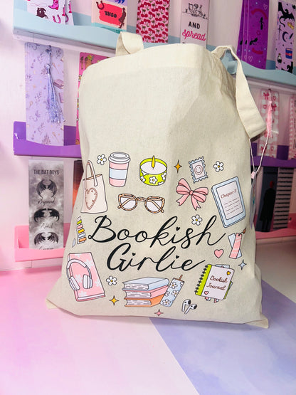 Cotton book-themed tote bag with 'Bookish Girlie' print and stationery icons
