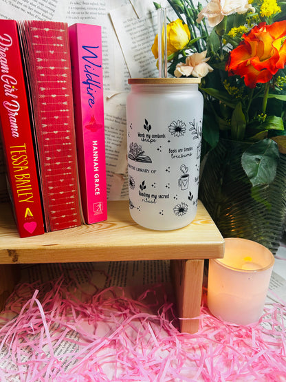 Frosted Glass Bookish Cup with Glass Straw