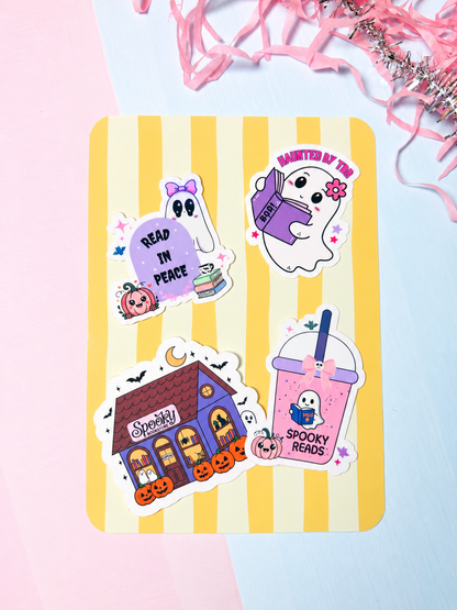 Double-sided Kindle insert with cartoon ghosts and spooky reads text, clear frame