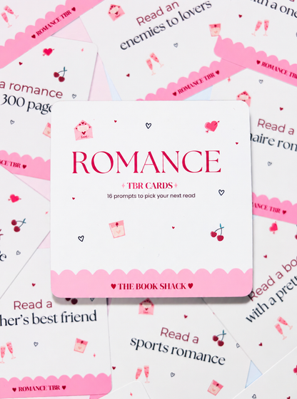 Romance-themed TBR prompt cards, pink and white with hearts and small icons