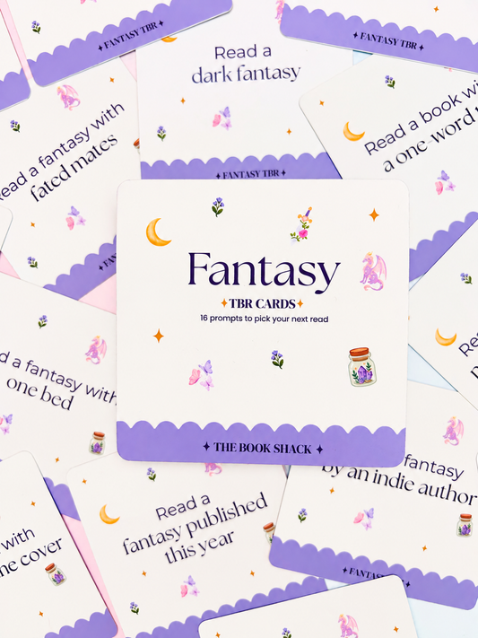 Fantasy TBR cards set with purple scalloped edges, moons, butterflies, and unicorns