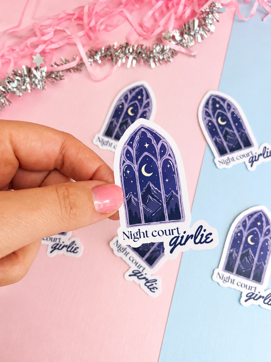 Night Court girlie holographic sticker, dark blue arched doorway with crescent moon
