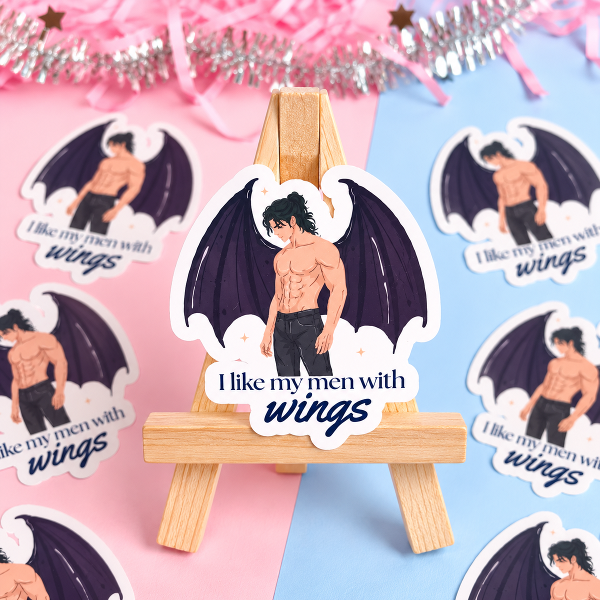 Set of winged man stickers with text "I like my men with wings"