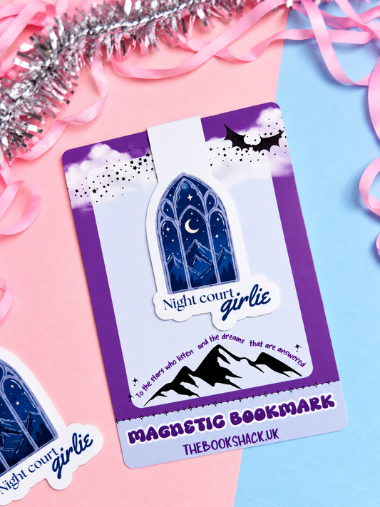 Magnetic bookmark with blue arched window art, crescent moon, and 'Night court girlie'