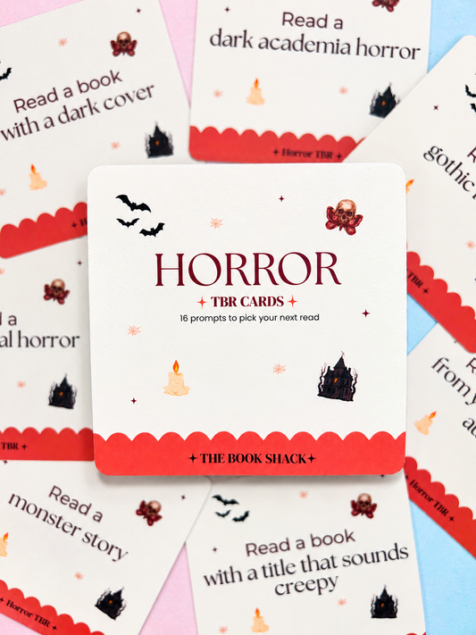 Horror TBR prompt card set, white cards with red scalloped edges and spooky icons