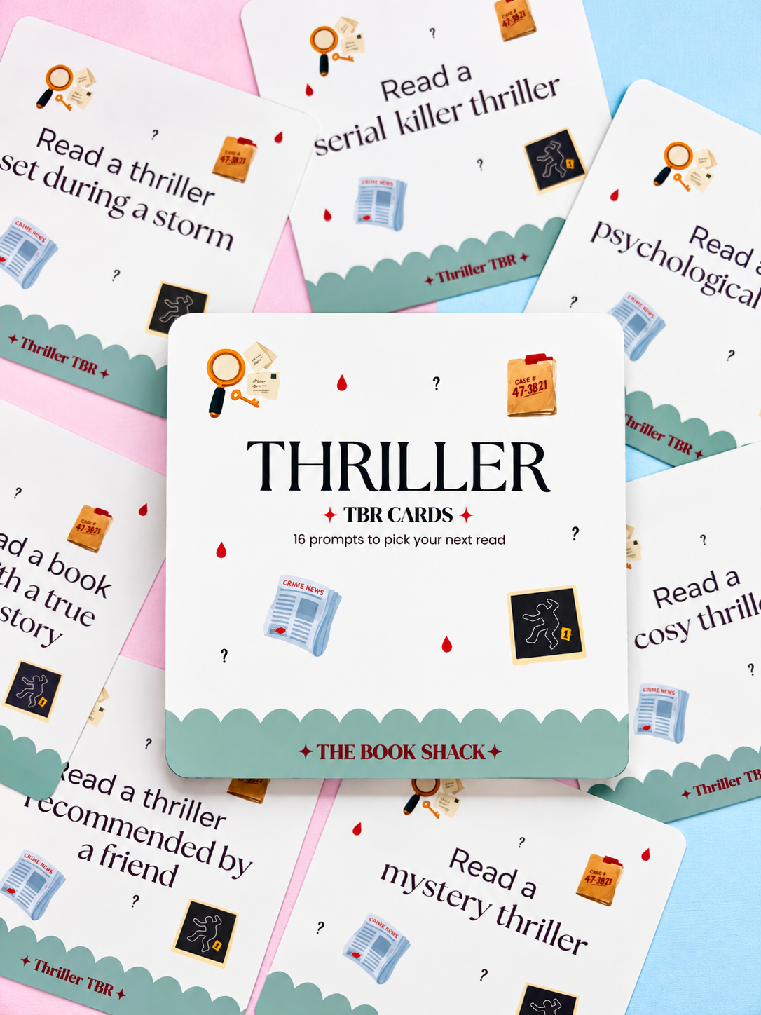 Set of 16 thriller TBR reading prompt cards with themed icons and text on each card