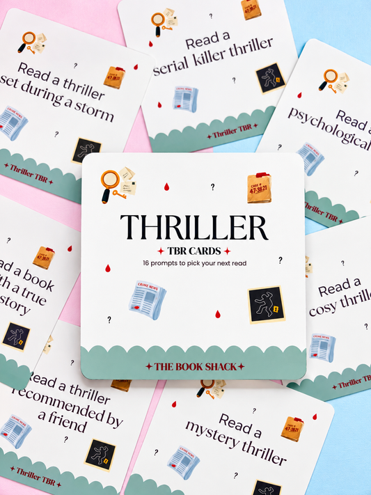 Set of 16 thriller TBR reading prompt cards with themed icons and text on each card
