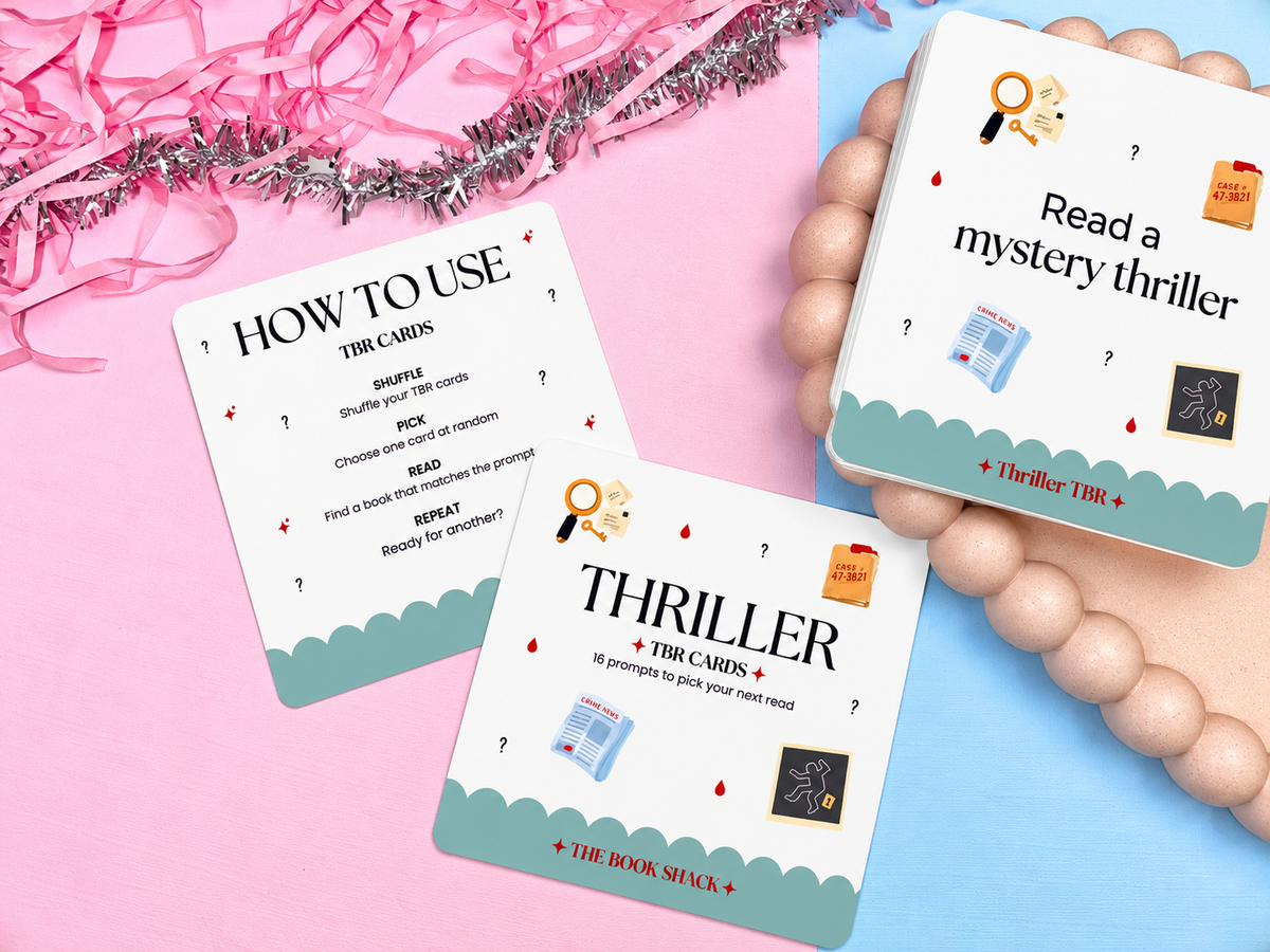 Thriller TBR reading prompt cards set featuring “THRILLER” and “mystery thriller” designs