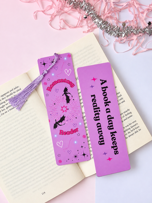 Purple romantasy dragon bookmark with hearts, stars, and hanging lavender tassel