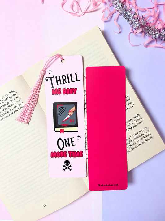 Purple thriller quote bookmark with pink tassel, THRILL ME BABY ONE MORE TIME, skull