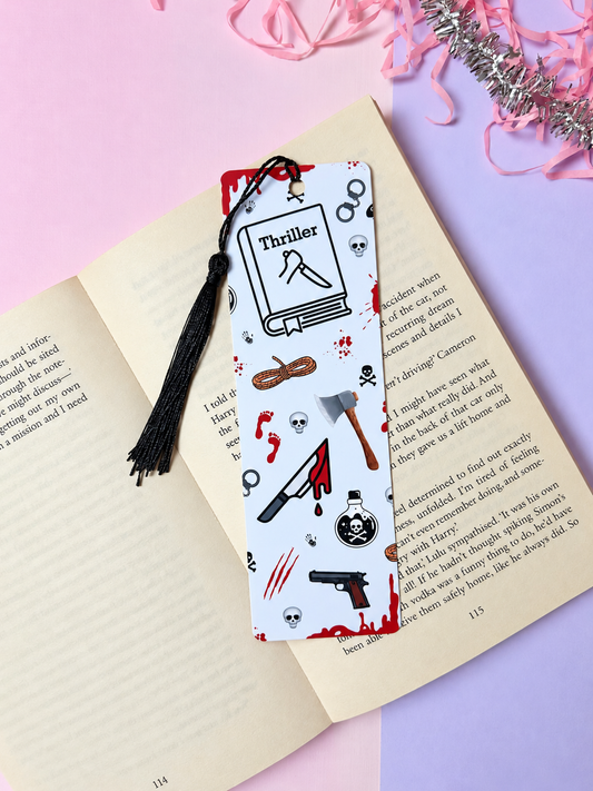Crime-themed red-and-white bookmark with black tassel and illustrated mystery icons