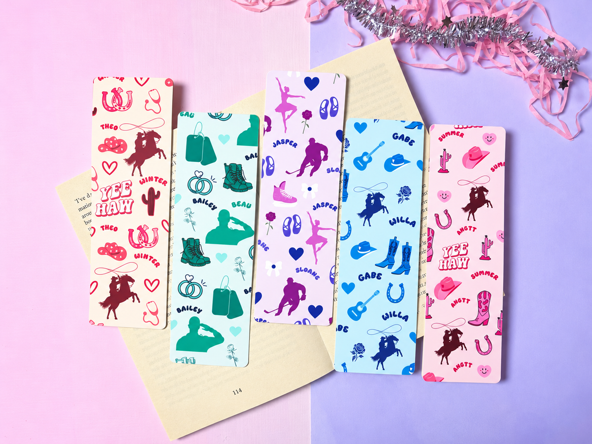 Cowboy-themed paper bookmark set with red, teal, purple, and blue patterns; no tassels
