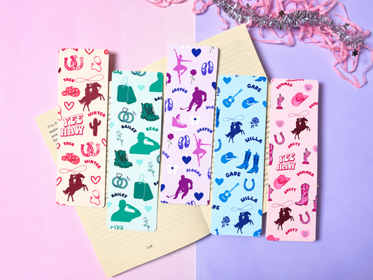 Cowboy-themed paper bookmark set with red, teal, purple, and blue patterns; no tassels