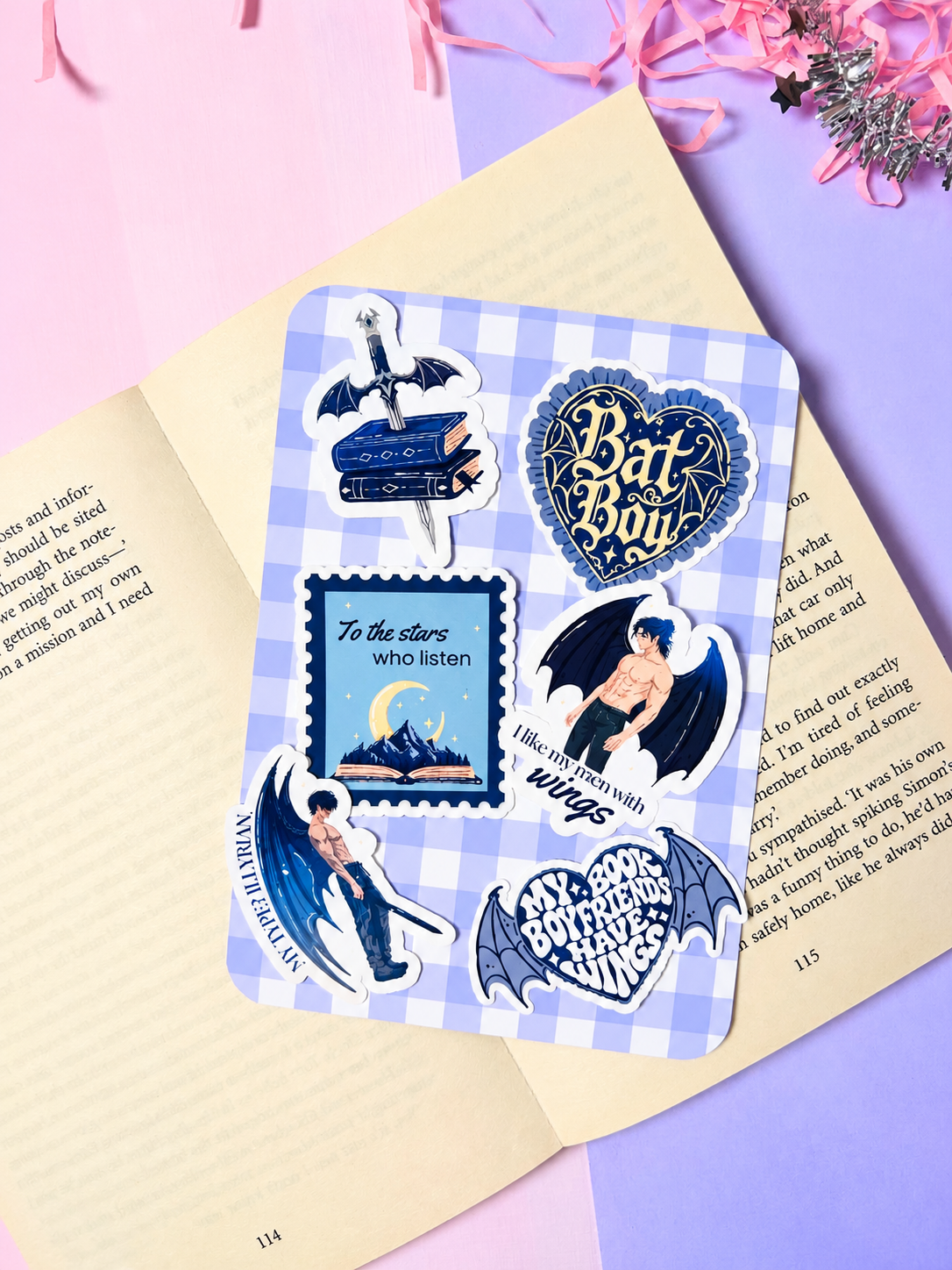 Blue and white illustrated paper insert card with fantasy characters, double-sided design.
