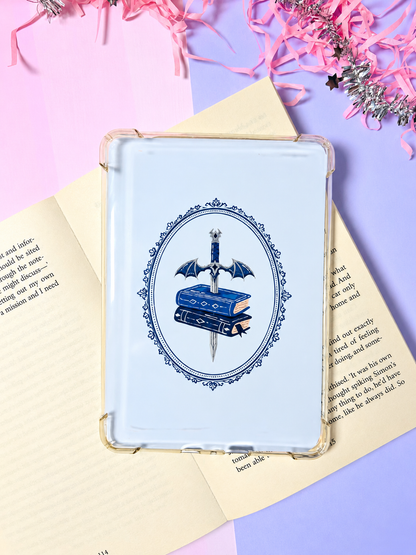 Kindle insert in clear case with oval sword-and-books illustration on white backing