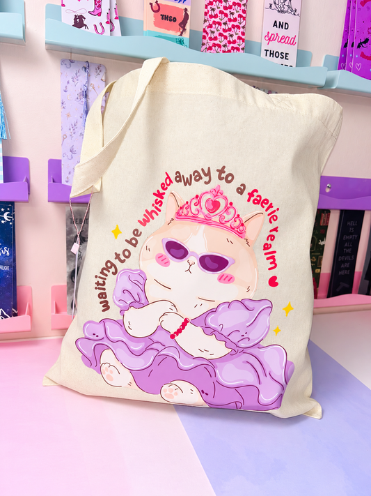Natural canvas tote bag with cute purple sleeping cat fairy print and long handles