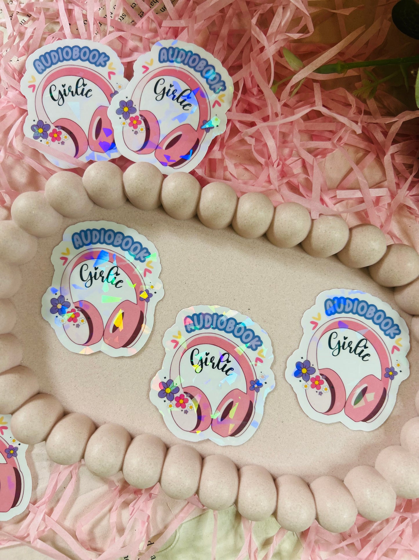 Holographic “Audiobook Girlie” Sticker – Pink Headphones Design