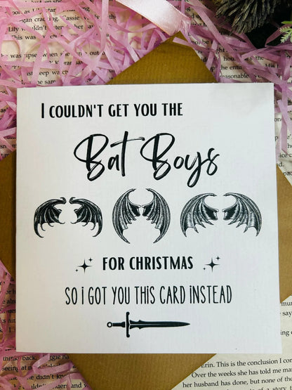 ACOTAR Christmas card featuring the Bat Boys in festive holiday theme, perfect bookish gift for Sarah J. Maas fans.