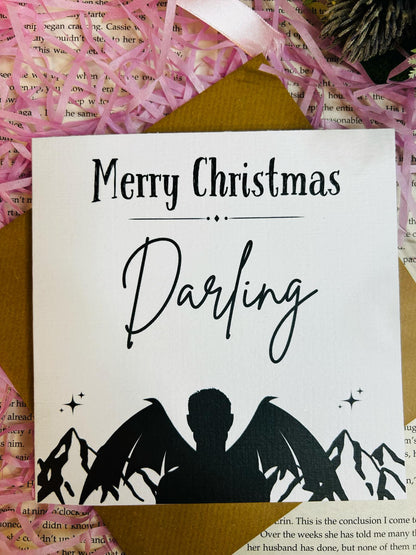 Rhysand Merry Christmas Darling card inspired by ACOTAR, festive bookish holiday card for Sarah J. Maas fans.
