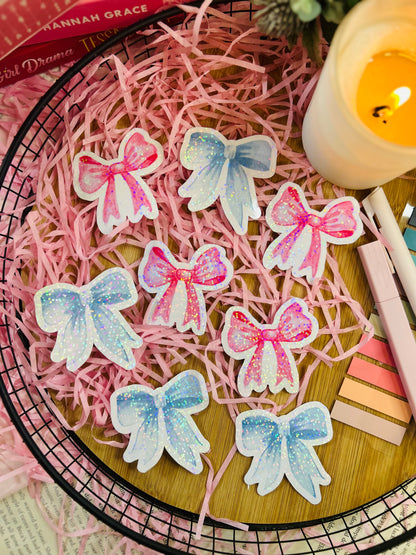 holographic pink and blue bow stickers