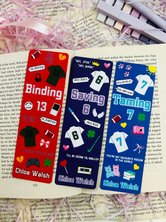 “Set of three Chloe Walsh-themed bookmarks featuring Binding 13, Saving 6, and Taming 7 designs with quotes, symbols, and jerseys.